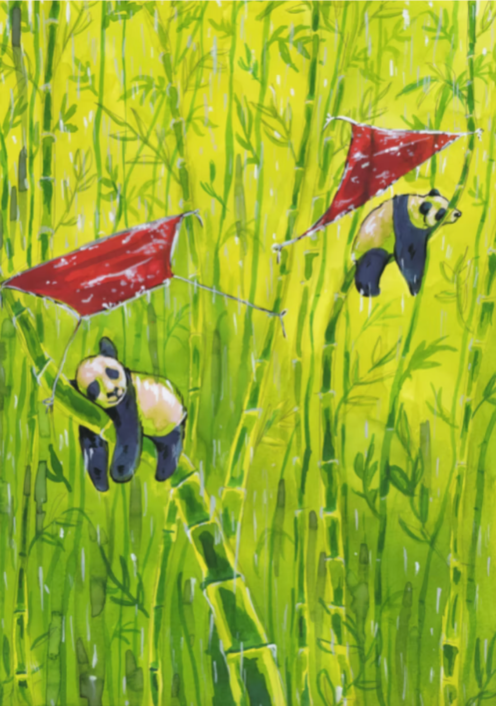 Original Painting - Pandas in the Rain